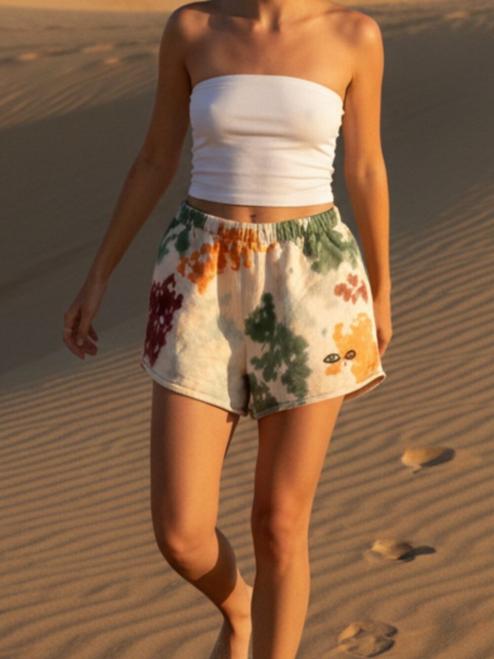 Clare V Tie Dye Eyes Cotton Shorts Elastic Waist Pockets